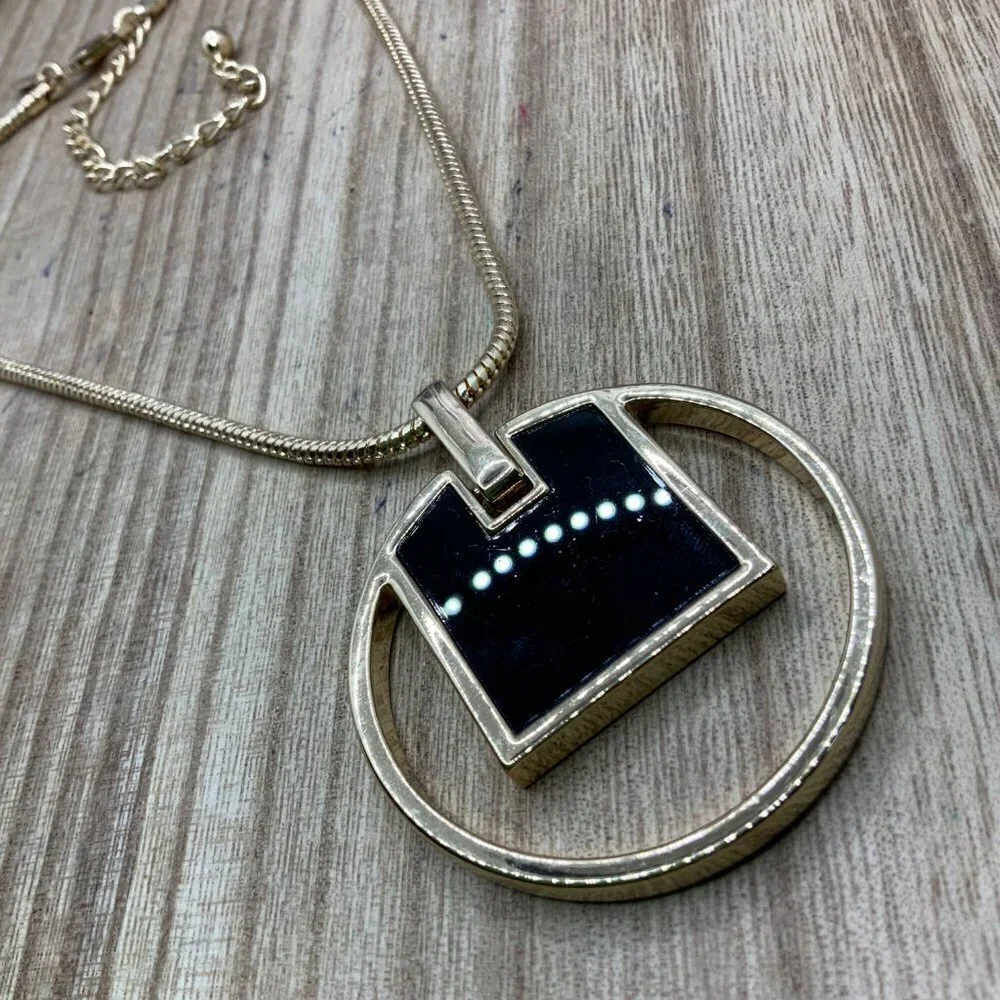 Chico's Openwork Black & Gold Tone Enamel Pendant Necklace